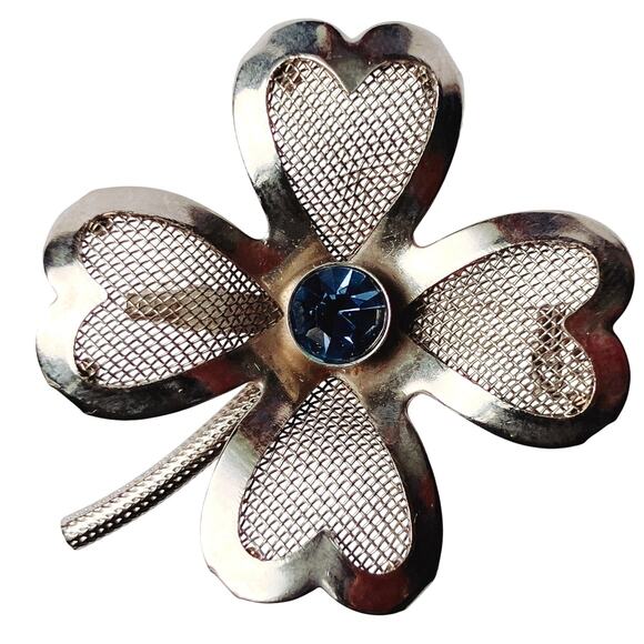 VTG Mid Century Brooch Mesh Clover Blue Rhinestone Silver Tone Pin - Picture 5 of 9